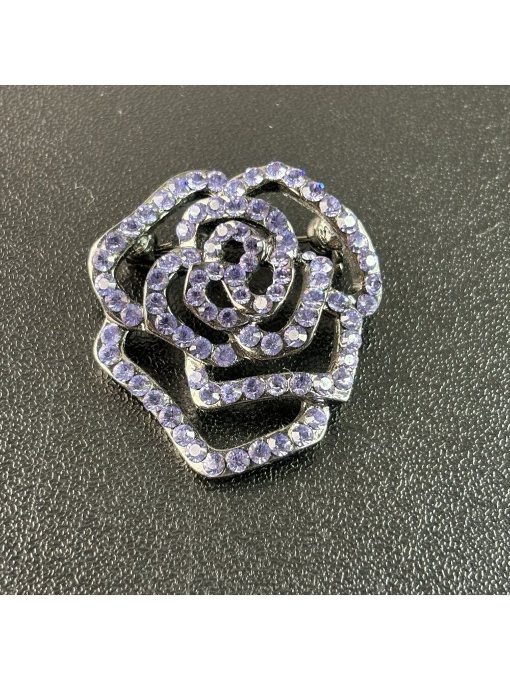 Vintage Dark Metal Rose Purple Rhinestone Brooch Pin 1.5" Flower Floral